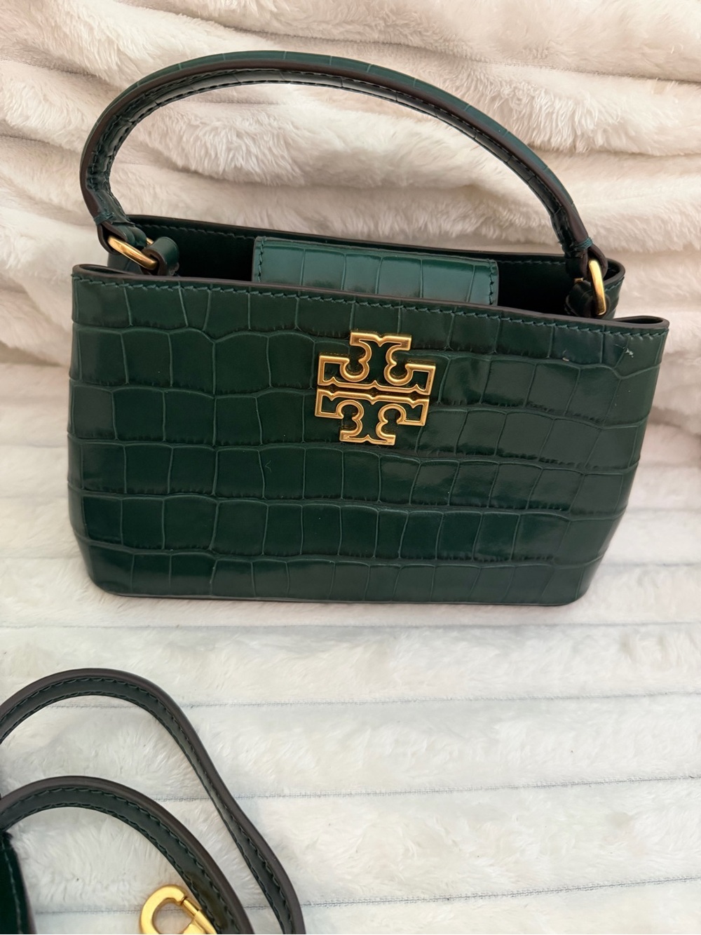 Tory Burch Emerald Green Britten Croc-Embossed Micro Satchel Top Handle Bag